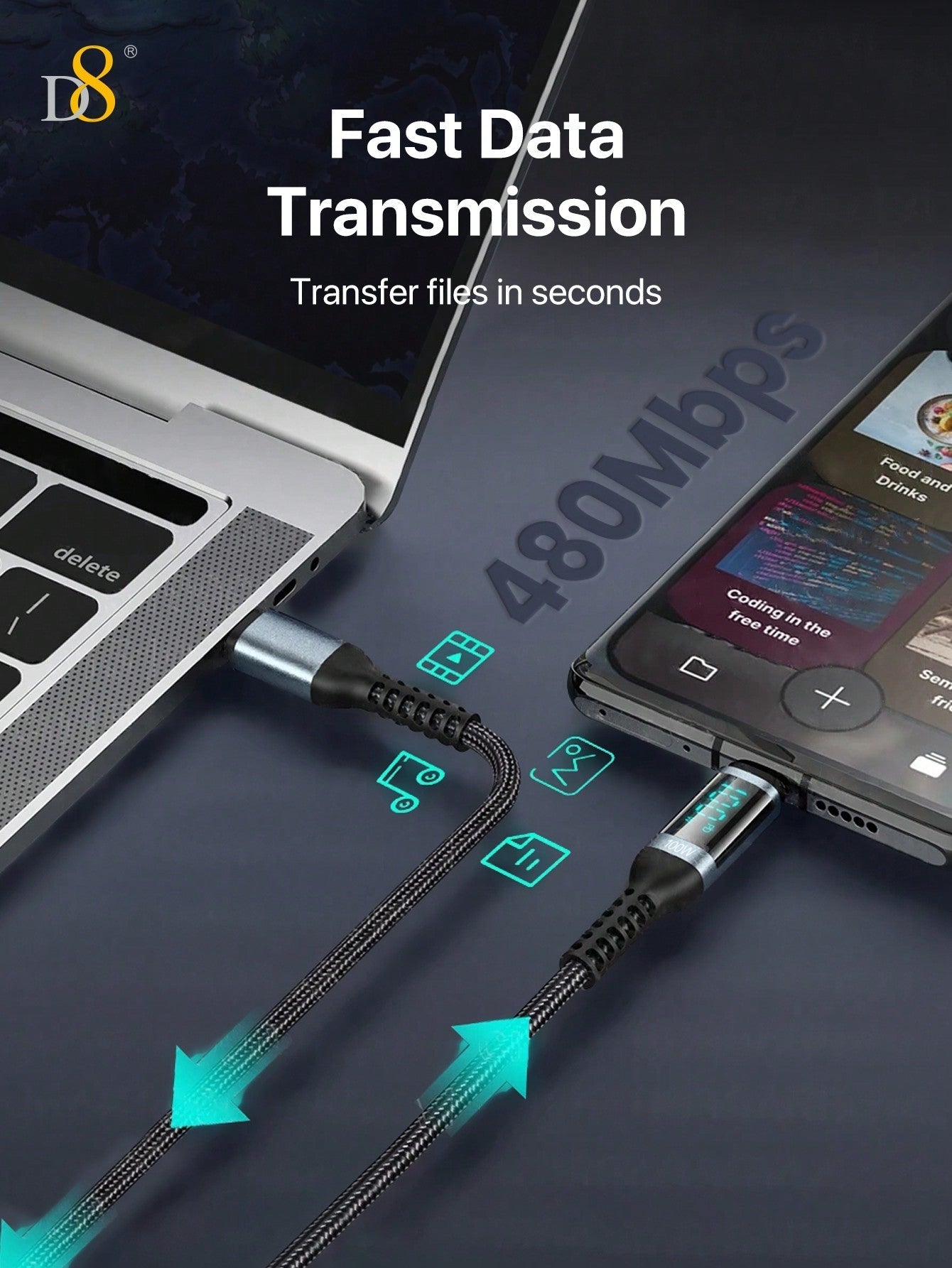 D8 USB-C Cable, 1.2M, 100W/5A Fast Charge, LED Display for iPhone & Samsung