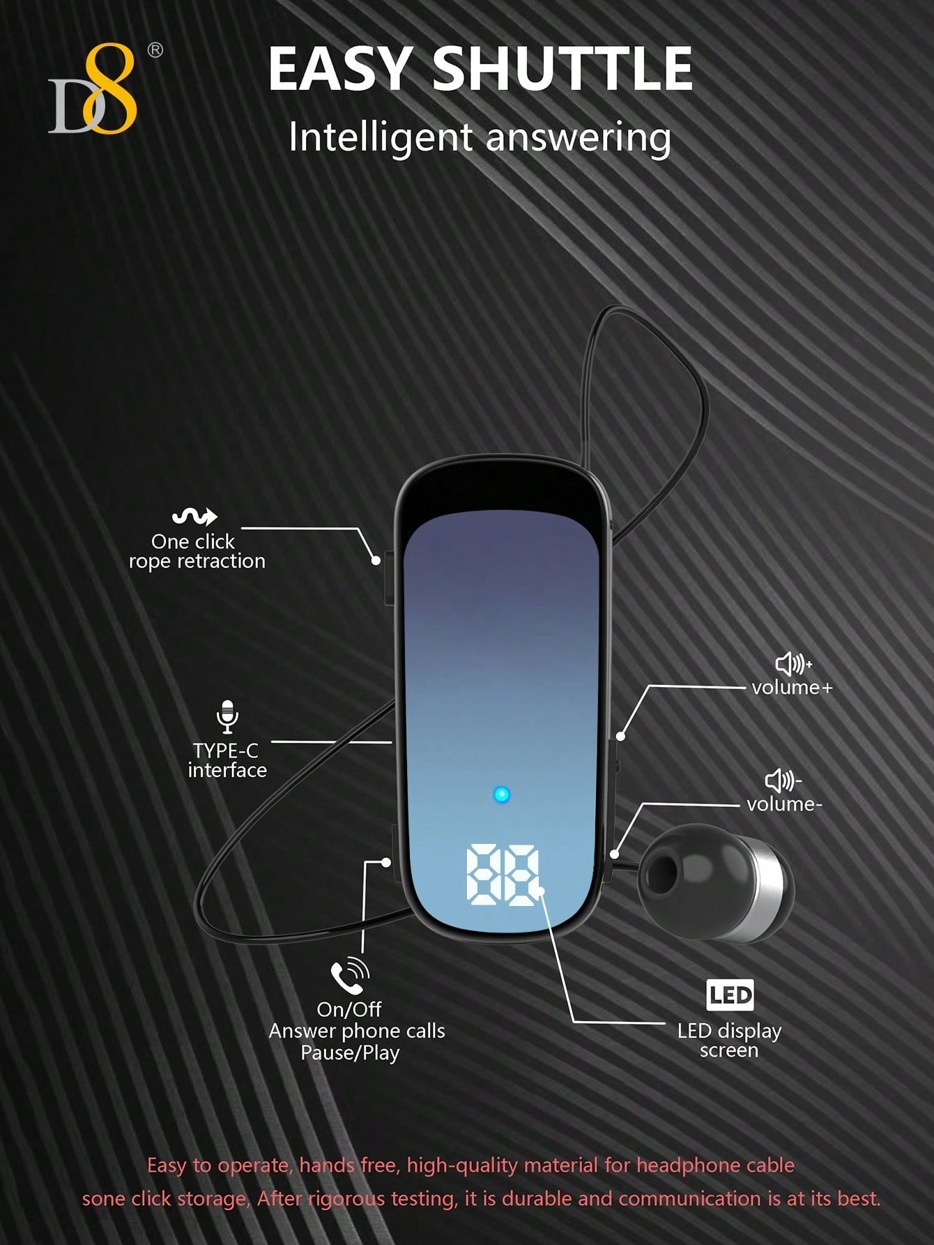 D8 Retractable Wireless Headset ,LED Display Over-Ear Buds,Headphone Stereo Earphone Noise Cancelling Mic Clip On Earpiece Comfortable HandsFree Headset 20Hrs Talking Time Sports Business Trucker Driver Earbud