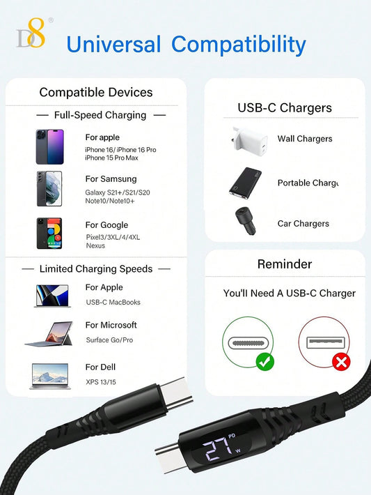 D8 1.2M Nylon USB-C Cable, 100W/5A Fast Charge with LED for iPhone/Galaxy