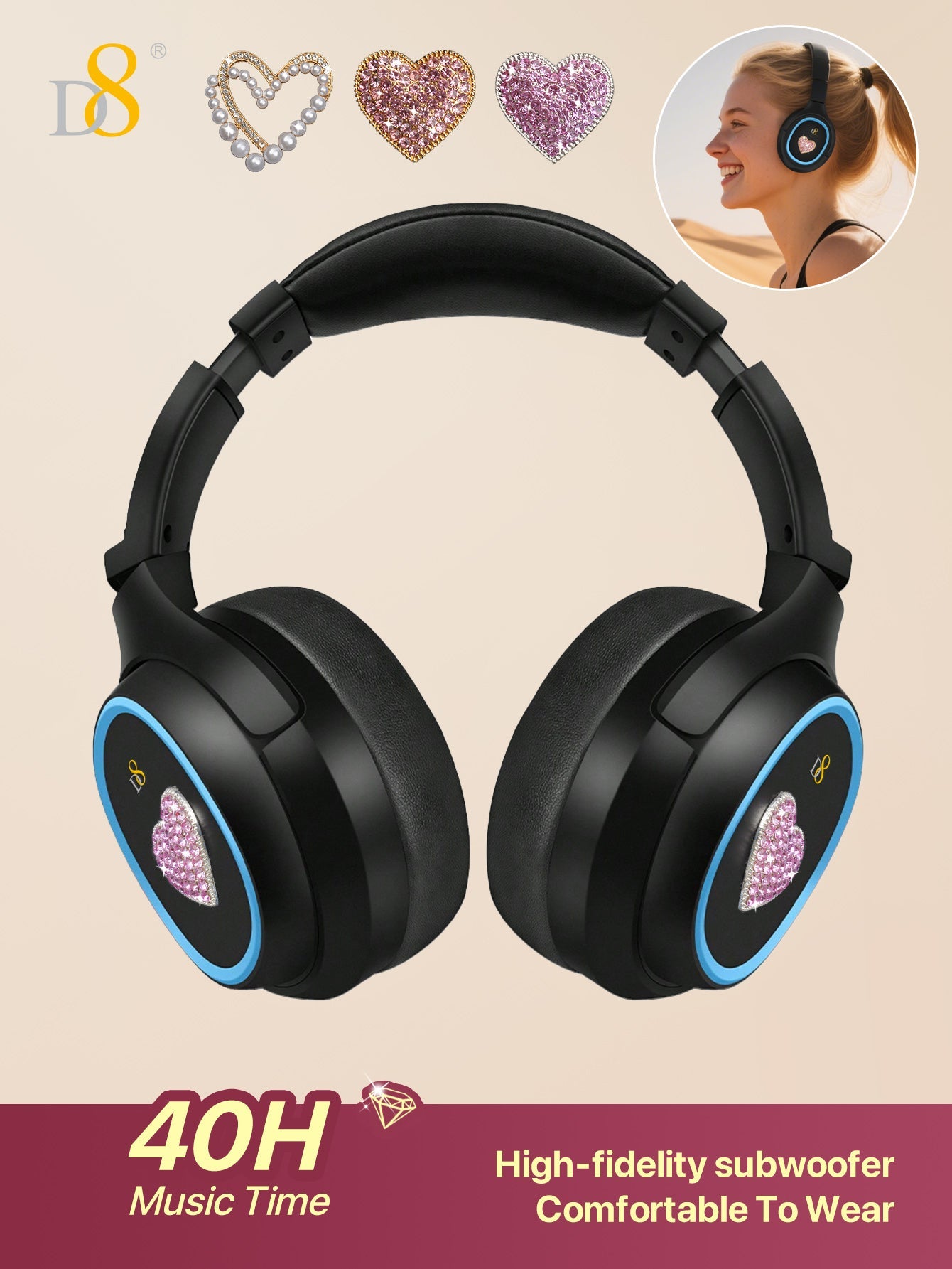 D8 Wireless Headphones Over-Ear, with Microphone, 3.5MM Wired Stereo Headset Micro SD/TF, PC,Soft Earmuffs &Light Weight for Prolonged Wearing,Deep Bass for Home Office Cellphone PC Ect. Holiday Gift Valentine's Day Gift Christmas Gifts,Must-Haves