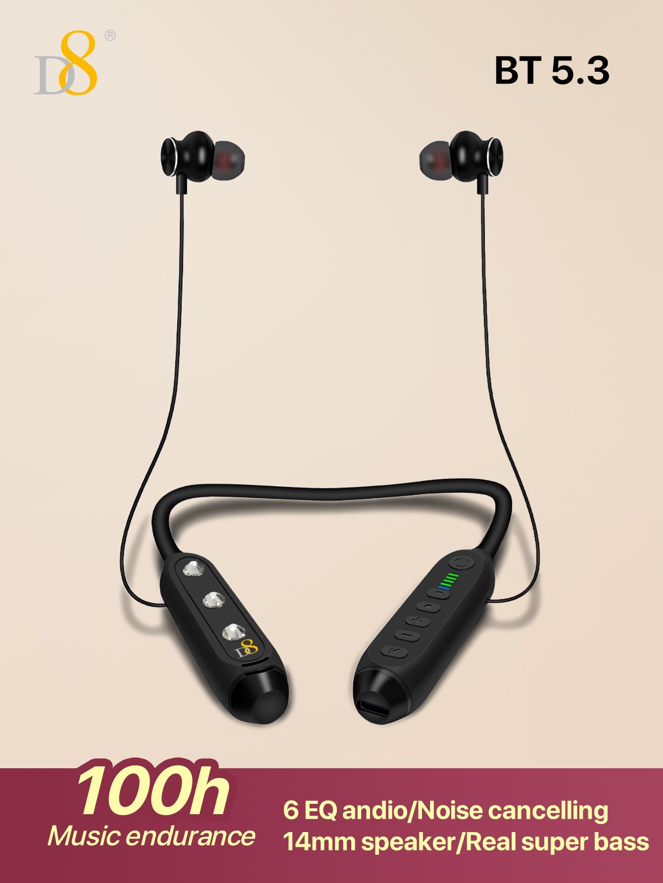 D8 Around The Neck Headphones ,100 Hours Extra Long Playback with Microphone Headset, Balanced Armature Drivers Stereo in Ear Wireless Headphones, Waterproof Workout Magnetic Neckband Earphone D8 Wireless Headphones Around Neck with Mic Long Battery Life