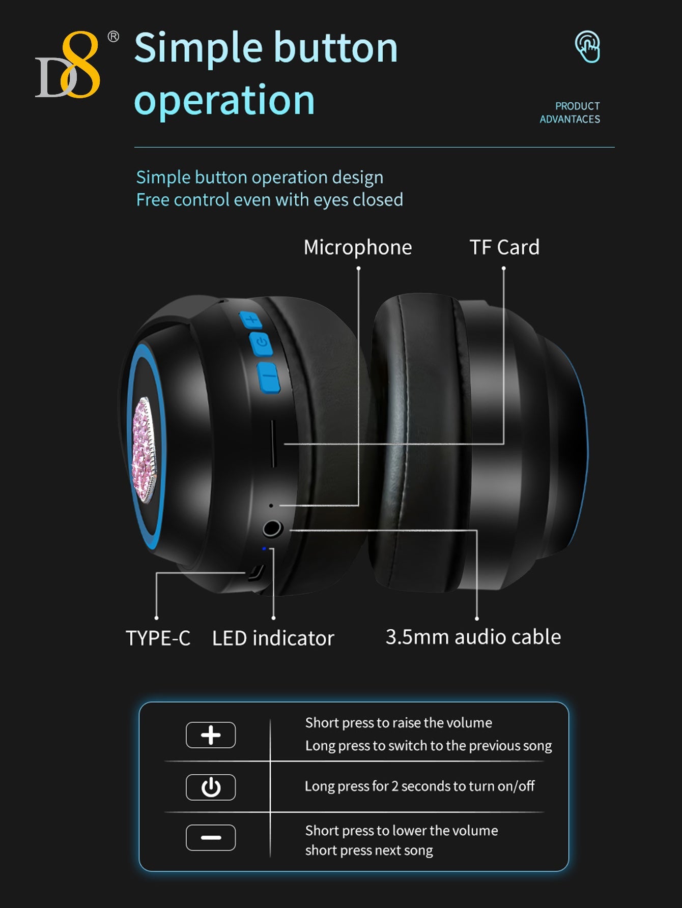 D8 Wireless Headphones Over-Ear, with Microphone, 3.5MM Wired Stereo Headset Micro SD/TF, PC,Soft Earmuffs &Light Weight for Prolonged Wearing,Deep Bass for Home Office Cellphone PC Ect. Holiday Gift Valentine's Day Gift Christmas Gifts,Must-Haves