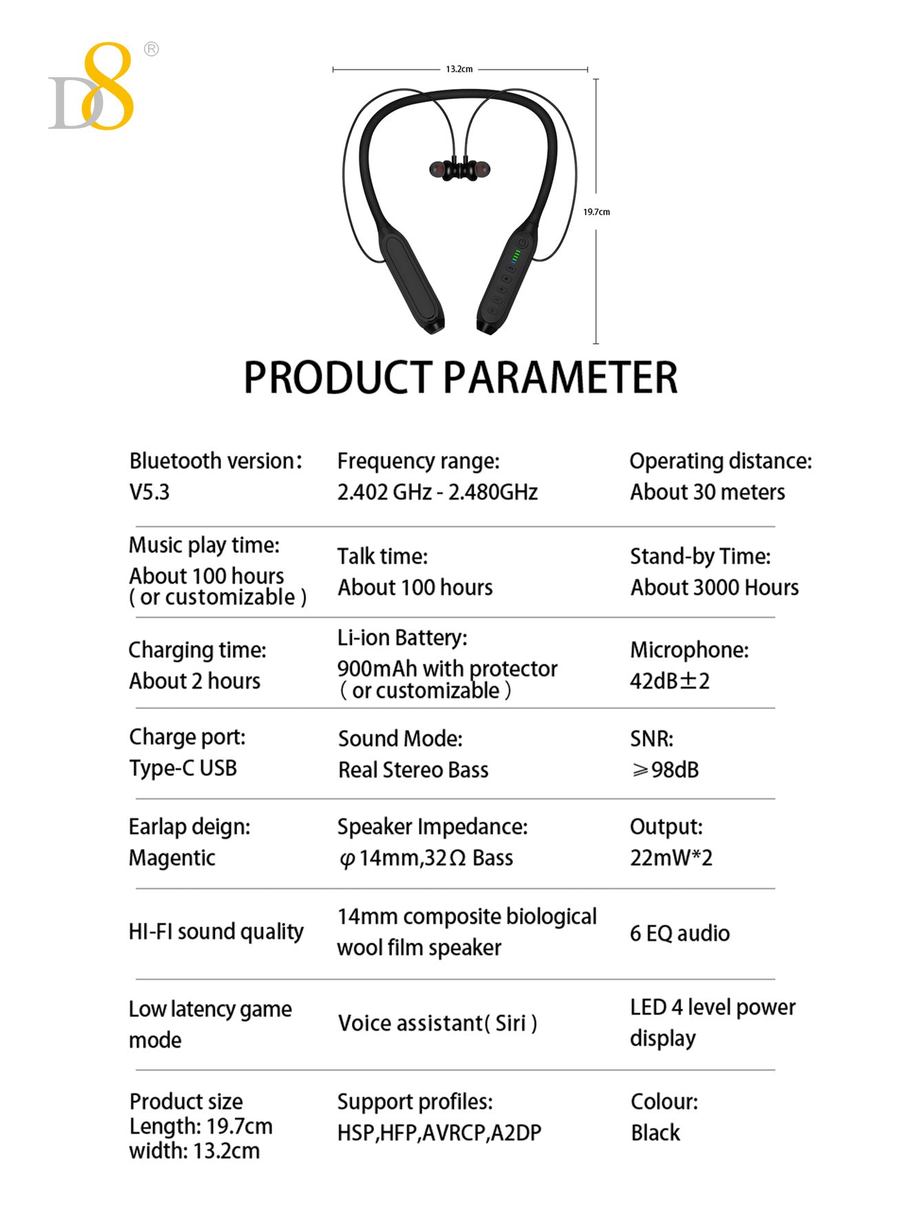 D8 Around The Neck Headphones ,100 Hours Extra Long Playback with Microphone Headset, Balanced Armature Drivers Stereo in Ear Wireless Headphones, Waterproof Workout Magnetic Neckband Earphone D8 Wireless Headphones Around Neck with Mic Long Battery Life
