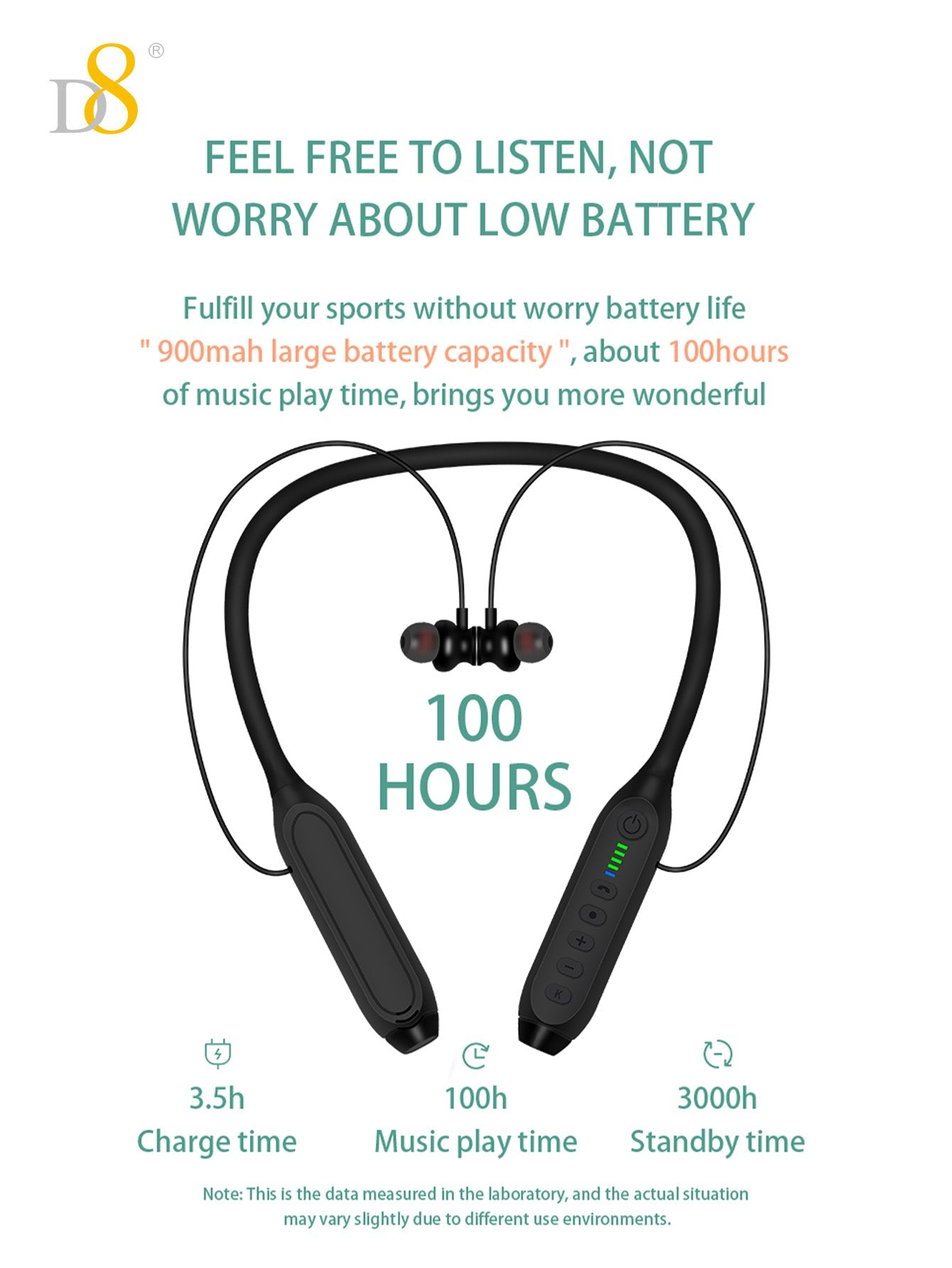 D8 Around The Neck Headphones ,100 Hours Extra Long Playback with Microphone Headset, Balanced Armature Drivers Stereo in Ear Wireless Headphones, Waterproof Workout Magnetic Neckband Earphone D8 Wireless Headphones Around Neck with Mic Long Battery Life