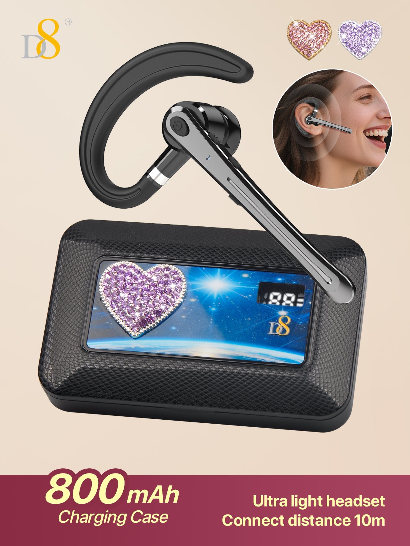 D8 Wireless Earbuds Headphones ,Massive Charge Reserve Battery Base ,300H Long standby,In charging compartment,talk time on full charge:80HOURS,Single headset fully charged,talking time in the state:6-8HOURS, with LED Display Over-Ear Buds with Earhooks