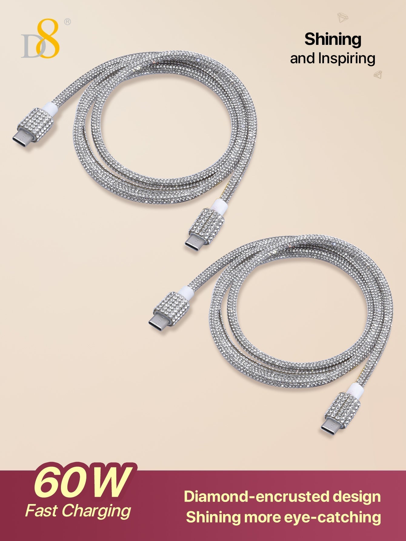 D8 USB-C Fast Charging Cable, 2-Pack 3.3FT 60W, Crystal Design for iPhone/Galaxy