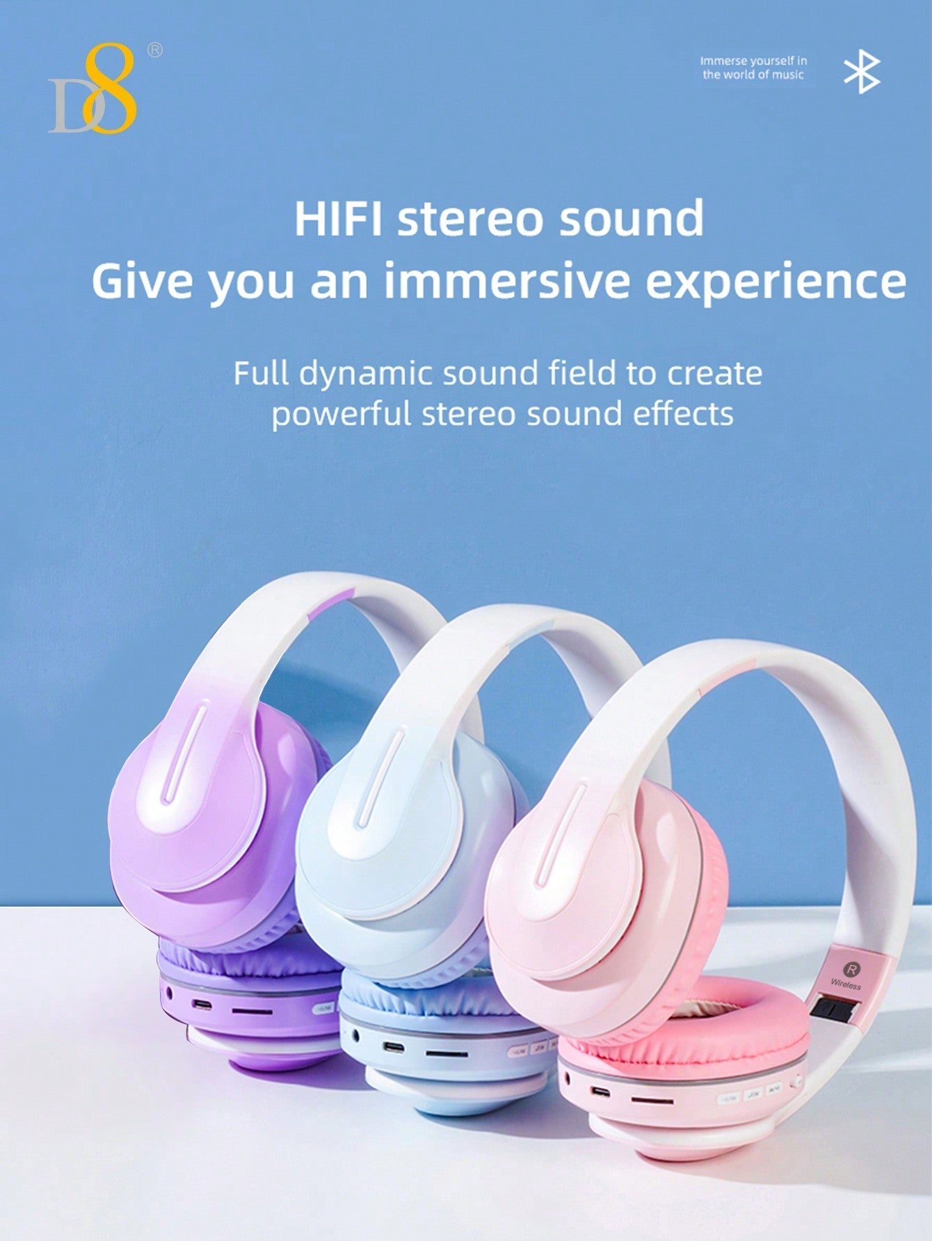 D8 Over-Ear Headphones, 15H Playtime, 6 EQ Modes, Foldable, HiFi Deep Bass