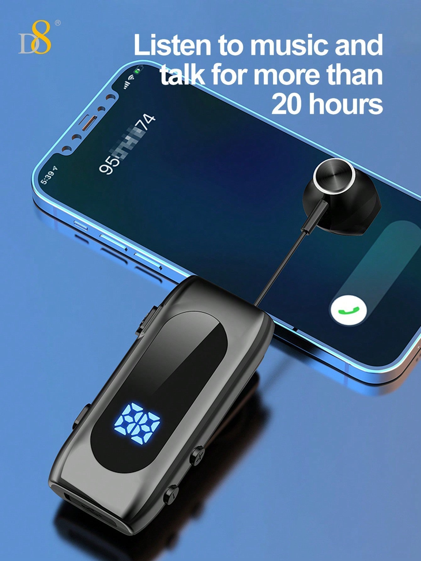 D8 Retractable Wireless Headset, LED Display, Noise-Canceling, 20H Talk