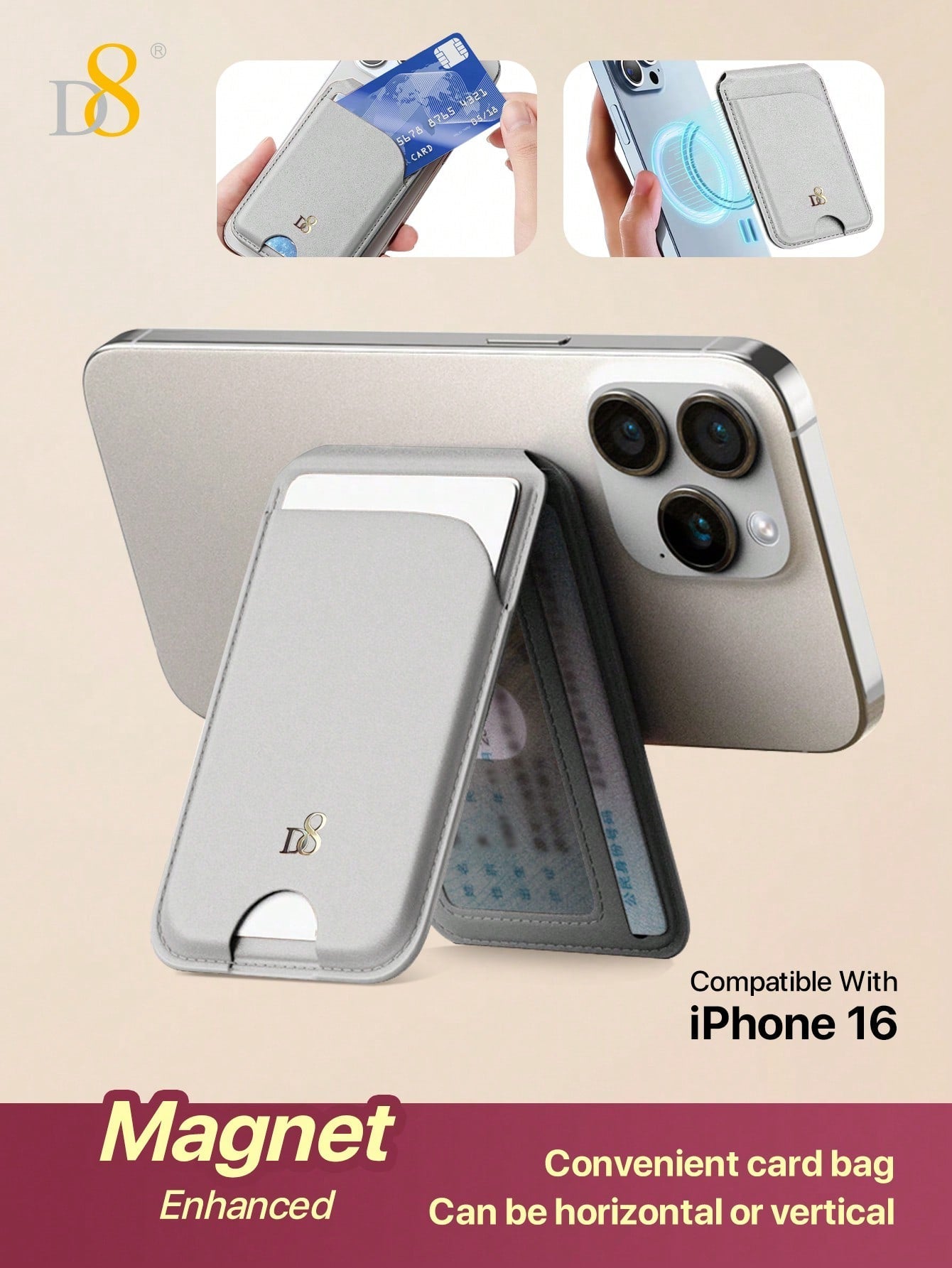 D8 Magnetic Card Wallet Holder For [Lightweight Slim] Improved Phone Wallet Stand, Built In Strong Magnet, Satechi Magnetic Wallet Stand, MagSafe Compatible With 16Pro Max/15/ 14 Plus/13/12 / 12 Pro Series, Adjustable Bracket