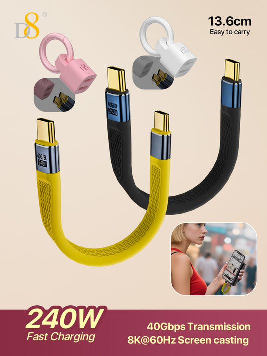 D8 Type-C flat cable USB4 short cable 240W fast charging 8K screen projection 40Gb full-function FPC flexible data cable, Type C Male to Male Flat Data Short Cable 8K@60Hz Audio/Video,48V/5A Charging, for Smartphone Power Bank Laptop Tablet,13cm/5.1in