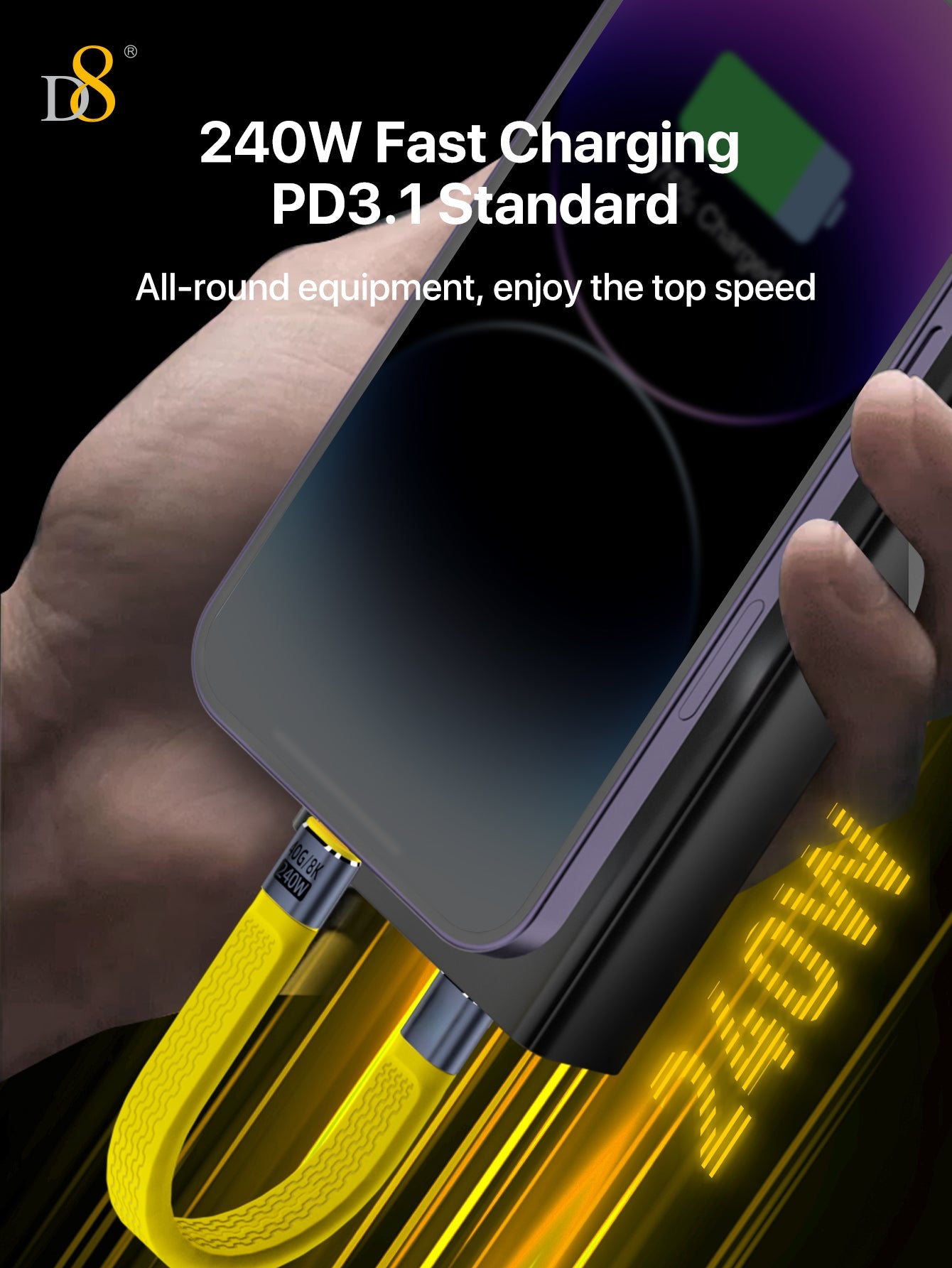 D8 Type-C flat cable USB4 short cable 240W fast charging 8K screen projection 40Gb full-function FPC flexible data cable, Type C Male to Male Flat Data Short Cable 8K@60Hz Audio/Video,48V/5A Charging, for Smartphone Power Bank Laptop Tablet,13cm/5.1in