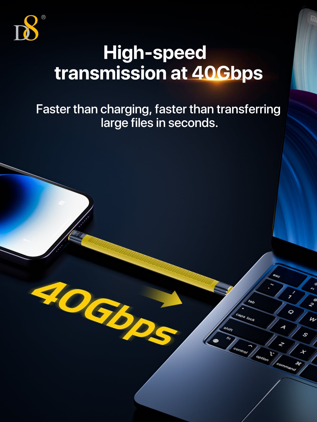 D8 Type-C flat cable USB4 short cable 240W fast charging 8K screen projection 40Gb full-function FPC flexible data cable, Type C Male to Male Flat Data Short Cable 8K@60Hz Audio/Video,48V/5A Charging, for Smartphone Power Bank Laptop Tablet,13cm/5.1in